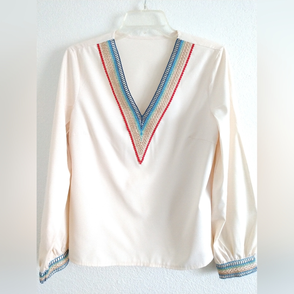 Pretty Shein Rainbow Trim V Neck Blouse Long Sleeve Size Medium Petite Chest 34"
